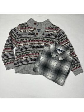 Janie and Jack Grey Heather Fair Isle Sweater Flannel Shirt Bundle 18-24 Months